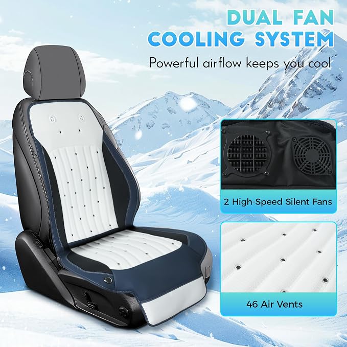 Cooling Car Seat Cover Front Driver Seat,Universal 12V Ventilated Car Seat Cushion with Smart Auto On/Off, Breathable Mesh & Leather AC Seat Protector, Cooling Fan Seat Cover for Car SUV Truck,White