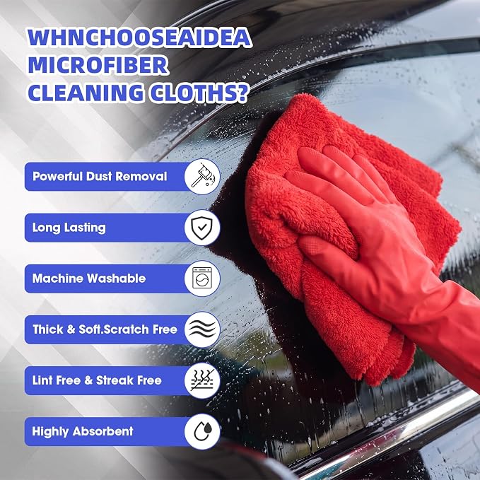 30 Pcs 16 x 16 Inch Edgeless Microfiber Plush Towels for Cars Detailing Drying Wash Polishing Absorbent Cleaning Cloths, 500 GSM (Blue, Light Blue, Black, Grey, Red)