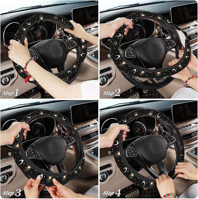 Sun Moon Steering Wheel Cover for Women Girly,Stars and Clouds 15 Inch Non-Slip Breathable Neoprene Steering Wheel Cover Fit Auto,SUVs,Includes 2 PCS Cup Coasters
