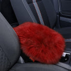 Furry Armrest Cover Auto Center Console Cover Car Soft Console Pad, Real Sheepskin Wool Soft Fluffy Auto Center Armrest Pad for Most Car Decoration Protector(Wine Red)