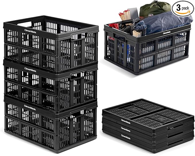 Collapsible Utility Crates, Obsidian, 3 Pack, 45L/11 Gal, 66 lbs Capacity, Stackable Containers, Heavy Duty, Space-Saving Baskets,Polypropylene (PP)