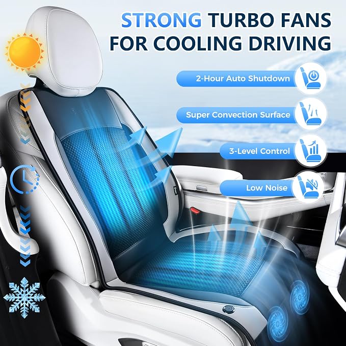 Upgraded Cooling Car Seat Cover Front Seat with Blowing&Suction, 12V-24V Ventilated Car Seat Cushion with 2 Turbo Fans, 3-Speed Adjustable Universal Fit Breathable Car Cushion for Summer Driving-Gray