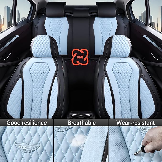 Seat Covers, Car Seat Covers Full Set, Blue Car Seat Cover, Driver Seat Covers Front Seats Rear Seat Cover, Luxury Car Seat Cushion,Leather Seat Cover Seat Protector Fit for Most Cars