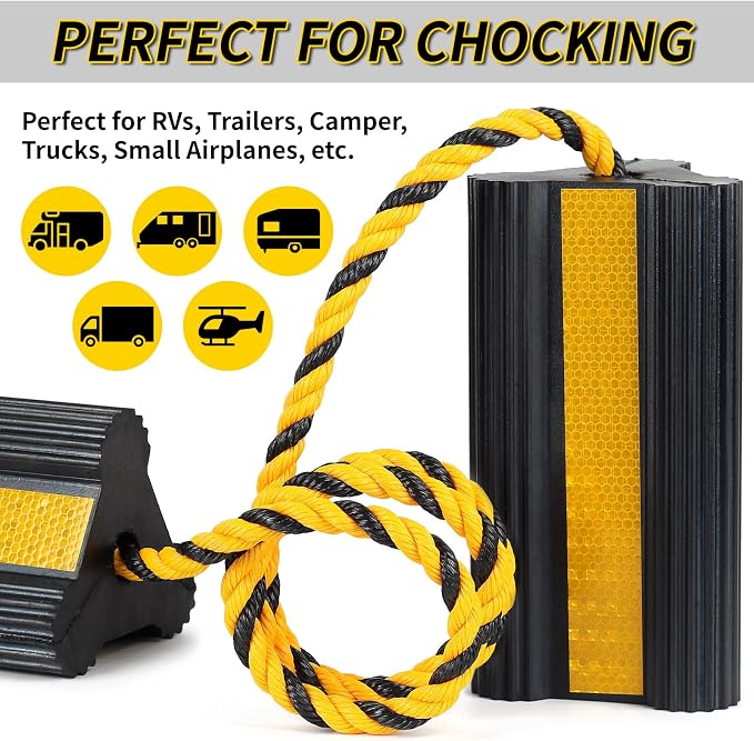 Heavy Duty Rubber Wheel Chocks, 2 Pair, Non-Slip Tire Stopper Blocks with Rope, for RV Camper Travel Trailers Motorhome Aircraft Car Truck