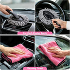 Windshield Cleaning Tool, 13PCS Car Detailing Kit Interior Cleaner, Car Window Cleaner with Extendable Handle, Car Interior Cleaning Kit with Detailing Brushes for Women Men (Pink)