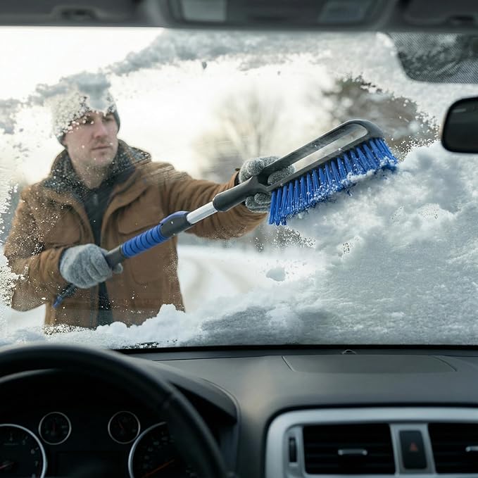 2 Pack 42" Multi-Purpose Ice Scraper and Extendable Snow Brush for Cars with Foam Grip and 360-Degree Pivoting Brush Head, SJEG-SB42SHX2