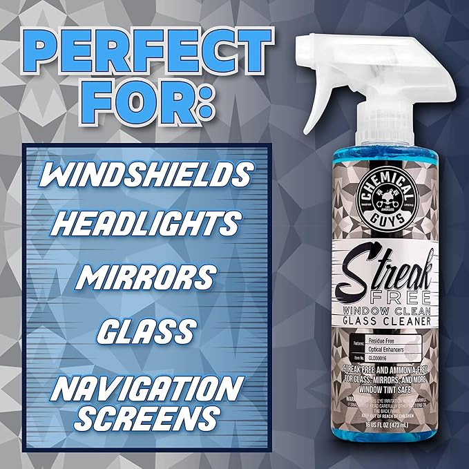 Streak Free Window Clean Auto Glass Cleaner Bundle with Waffle Weave Microfiber Towel, Ammonia Free Spray Safe for Tinted Windows, Mirrors, Touchscreens and Plastics, 16 fl oz