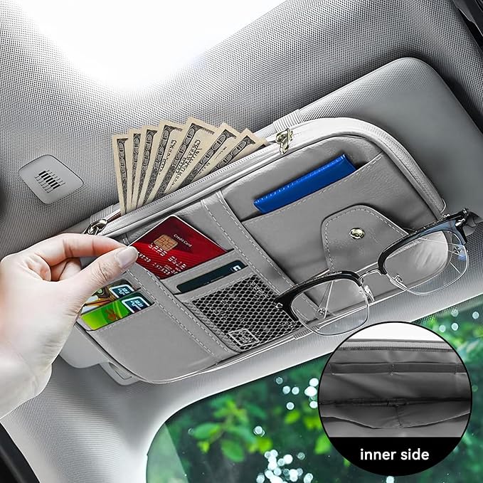 Car Sun Visor Organizer, Multi-Pocket PU Leather Sunglass Holder and Storage Pocket with Net Zipper, Card Sleeve Pocket Organizer, Auto Interior Accessories for Vehicle, Truck, SUV (Gray)