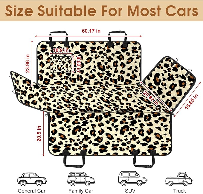 Waterproof Dog Car Seat Cover for Back Seat, Pet Hammock- S, Leopard/Black | Durable waterproof hammock with nonslip design & storage pockets. Protects seats from scratches, fits cars, SUVs & trucks.
