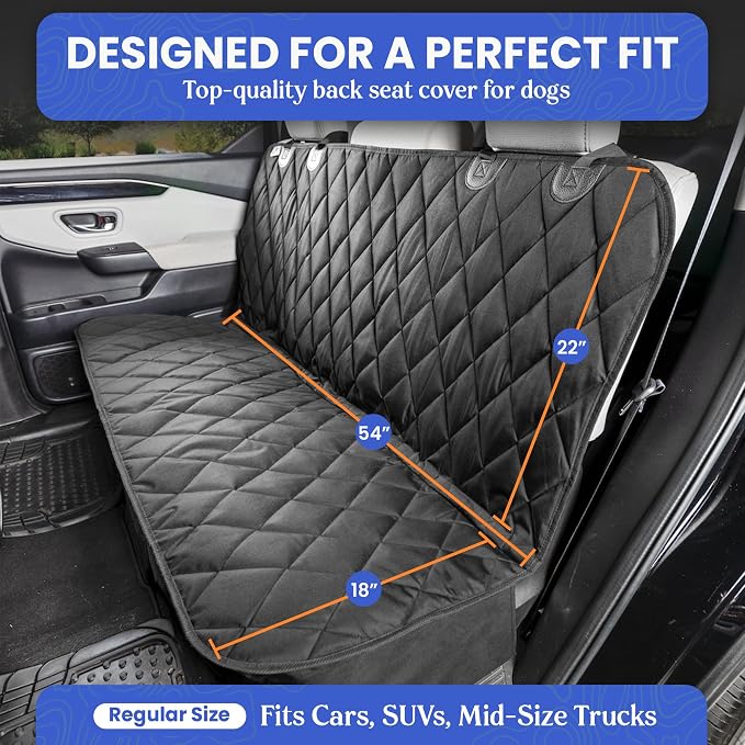 Back Seat Pet Cover for Dogs w/o Hammock – 54" Wide, Waterproof Car Seat Cover, Non-Slip, Heavy-Duty – Fits Cars, SUVs, Small Trucks – 2 Seat Belt & Latch Access – Back Seat Protector (Beige)