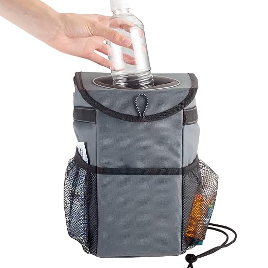 StashAway Heavy Duty Car Trash Can with Rubber Lid, 3 Storage Pockets and Sturdy Panels for Stable Floor or Hanging Seatback Use (Gray)