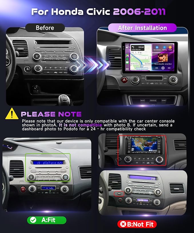 [4+64G] Android 15 Car Radio Stereo for Honda Civic 2006-2011 with Wireless CarPlay & Android Auto, 10.1 Inch in-Cell Screen Car Auido with AHD Backup Camera GPS WiFi FM RDS Radio EQ SWC