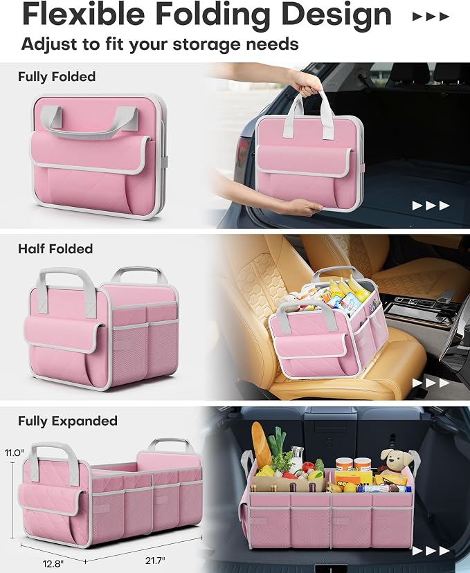 Trunk Organizer for SUV – Foldable & Portable Car Organizers and Storage with 2 Compartments, Large Capacity Car Trunk Organizer Car Accessories for Truck Sedan, Pink, 21.7" x 12.8" x 11.0"