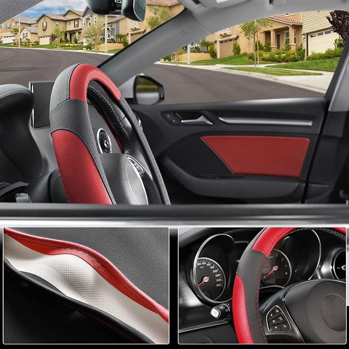 Car Steering Wheel Cover for Prius Civic Model 3 Model Y Camaro, Small Size 14-14.25 inch, Black and Red Microfiber Leather