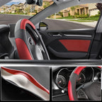 Car Steering Wheel Cover for Prius Civic Model 3 Model Y Camaro, Small Size 14-14.25 inch, Black and Red Microfiber Leather
