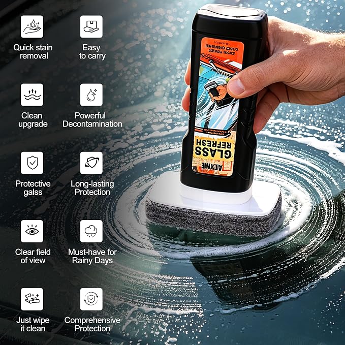 Windshield Oil Film Remover, Car Glass Cleaner Tool for Windshield & Windows, Remove Water Spots, Rain Marks, Haze & Grime, Anti Glare Streak Free Auto Window Cleaner, Improve Night Driving Visibility