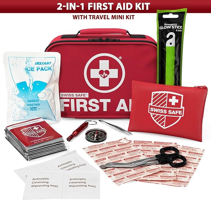 2-in-1 First Aid Kit for Car, Travel & Home, Businesses - Bonus Mini Kit for Medical Emergency Aid, Survival, Camping - 120+32 Pcs, Small+Travel FAK