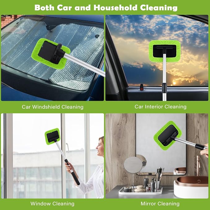 3 Set Windshield Cleaner Tool Inside Car Window Cleaner Tool with 3 Extendable Handle 9 Reusable Microfiber Pads and 3 Spray Bottles for Auto Home Interior Exterior Glass Cleaning(Green)