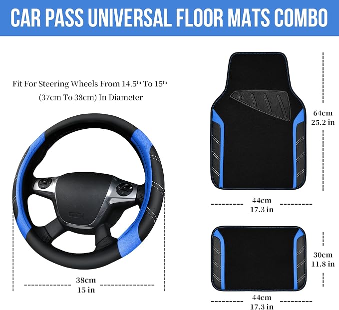 Leather Steering Wheel Cover and Waterproof Car Floor Mats,Microfiber Universal Car Combo Fit for 95% Sedan,SUV,Cars,14.5-15inch Sporty Anti-Slip Safety Comfortable Design(Black＆Blue)