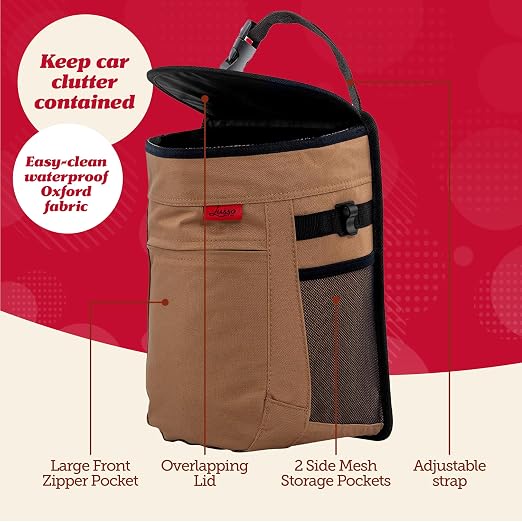 Spill-Proof Car Trash Can - Easy to Clean Hanging Garbage Bin - Leak-Proof Lid, Removable Liner, Waterproof - Keeps Truck, SUV, Car, Minivan Clean & Odor Free - 2.5 Gallon Tan Car Trash Can