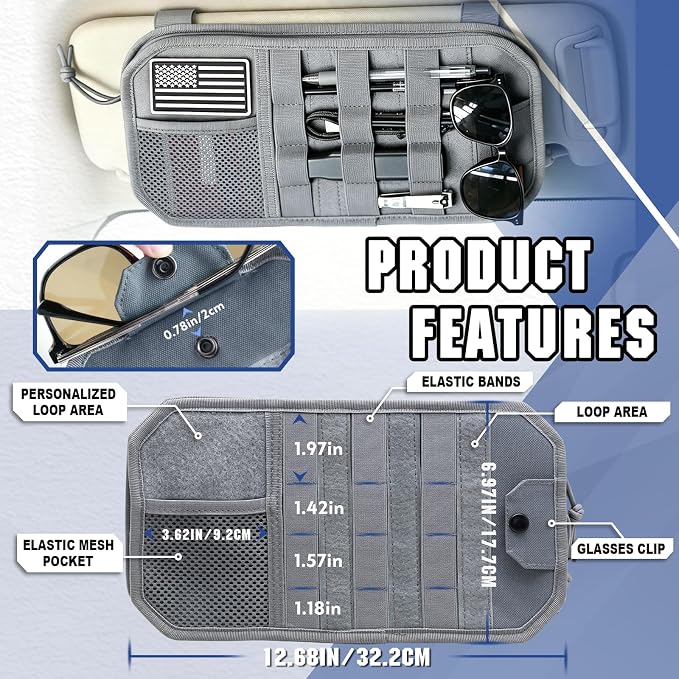 SAMPUSS Car Sun Visor Organizer Car Sunglass Holder with Storage Pouch | Semi-rigid molle panel car truck accessories with zipper for men&women fit most cars trucks vans suvs jeeps patrols