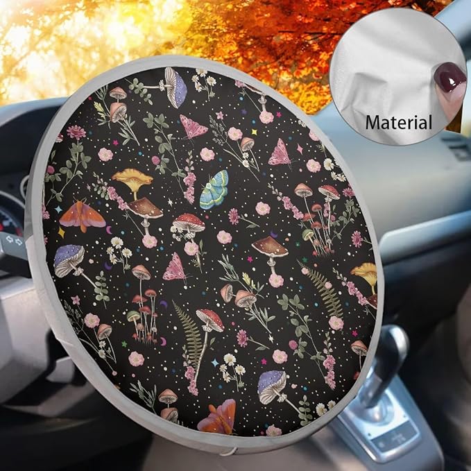 Mushroom Print Steering Wheel Cover Sun Shade Universal 17 inch Insulation Steering Wheel Cover for Cars SUV Trucks Cute Car Steering Wheel Accessories for Women