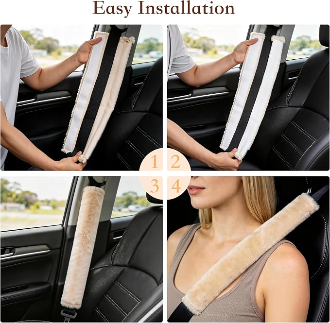 Soft Faux Fur Universal Fit Seatbelt Cover Car Truck SUV Airplane Seat Belt Shoulder Pad for Carmera Backpack Straps Neck Cushion Protector Extra Long 19.7in Beige