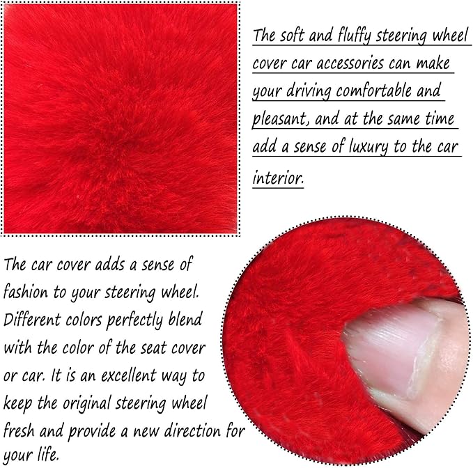 Fluffy Steering Wheel Cover for Women Fuzzy Steering Wheel Cover Winter Warm Faux Wool Plush Car Wheel Cover Furry Steering Wheel Protector Universal Fit 15 Inch (Red)