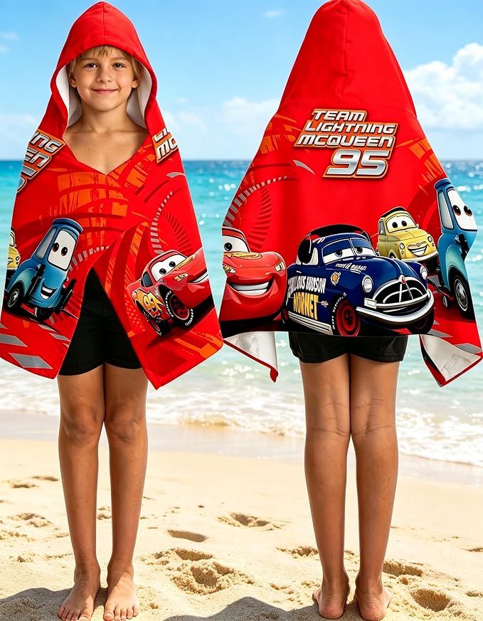 Cars Printed Soft Cotton Terry Hooded Towel Wrap, Absorbent Wearable Hooded Towel for Bath Pool Beach, 28 in x 55 in
