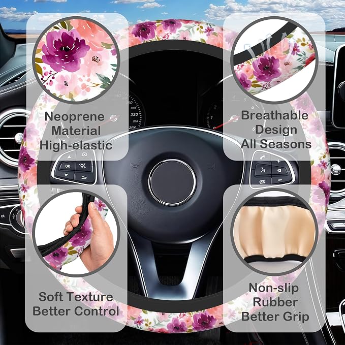 Watercolor Peony Floral Steering Wheel Cover for Women, Anti-Slip Car Steering Wheel Cover with 2 Pcs Cup Holders Neoprene Breathable Car Accessories Universal 15 Inch Auto Interior Decor