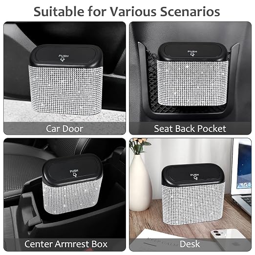 Bling Car Trash Can with Lid, Mini Auto Garbage Storage Bin with 60pcs Garbage Bags, Sparkling Crystal Trash Bags Holder Dustbin Vehicle Accessories Container Organizer (White Rhinestone)