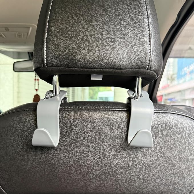 4-Pack 360° Rotating Car Seat Headrest Hook 4 Pack Hanger Universal Vehicle Car Storage Organizer for Handbag Purse Coat with Clip Gray