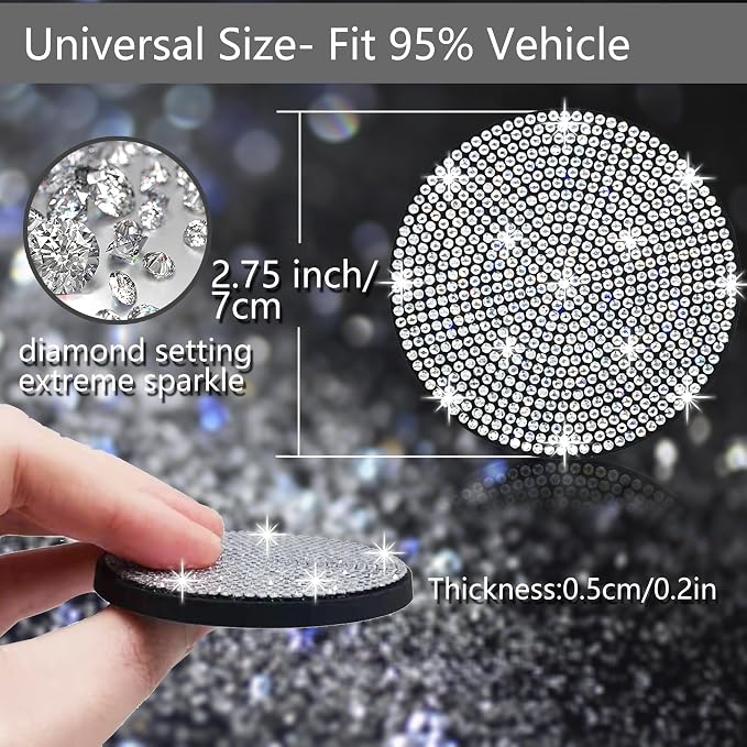 4pcs Bling Car Cup Holder Coaster, 2.75 inch Anti-Slip Shockproof Universal Fashion Car Coasters Insert Bling Crystal Rhinestone Automotive Interior Accessories for Women (4 pcs, White)