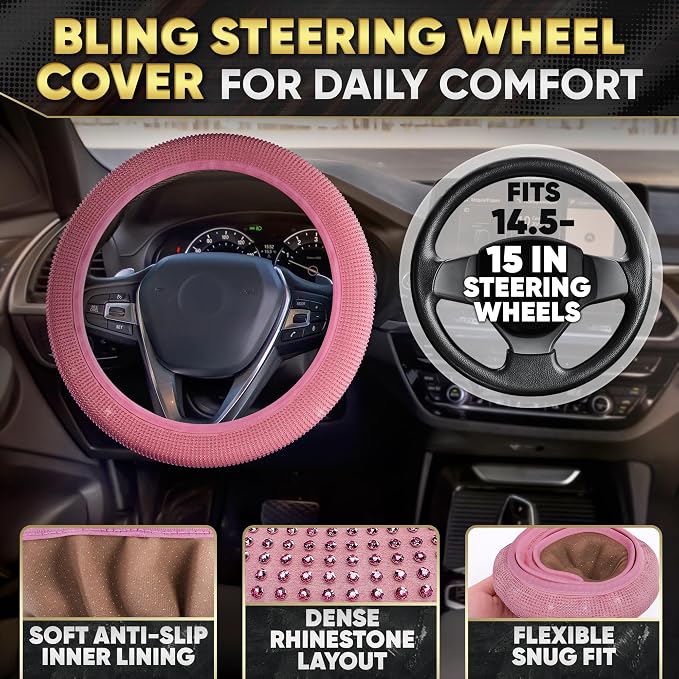 Pink Car Accessories Set, 27 Pieces – Bling Car Accessories for Interior Styling with Rhinestone Details for Daily Use, Universal Fit Kit for Steering Wheel, Vents, Mirror Area, Great Gift for Women
