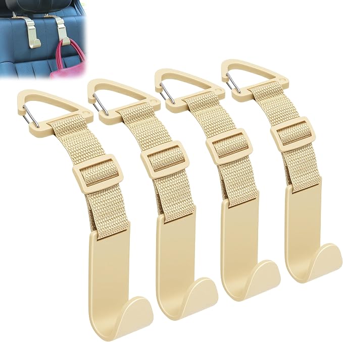 Headrest Hooks for Car Adjustable 4 Pack Vehicle Seat Back Organizer Storage Hanger Holder for Purse Bags Universal Fit with Clip Beige