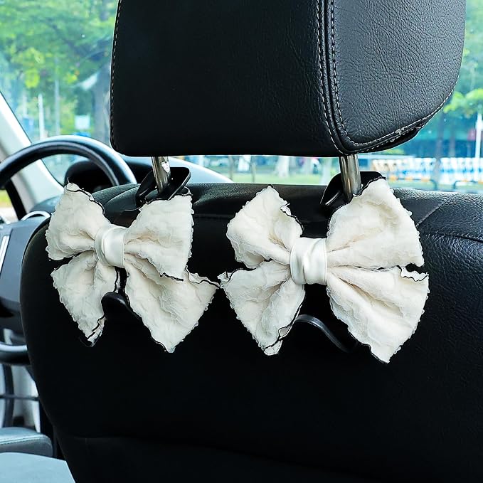 Car Seat Headrest Hook Cute Bowknot Vehicle Hanger Car Storage Organizer for Handbag Purse Coat Grocery Bag Puff Ivory