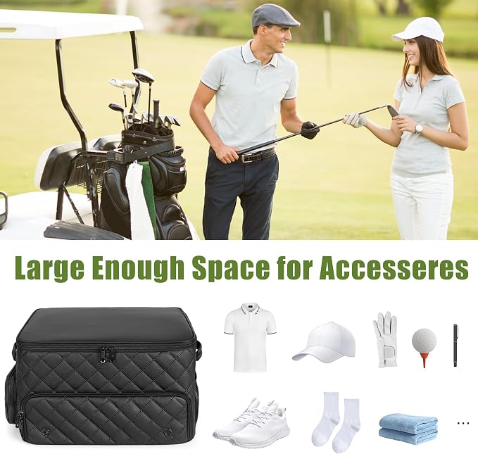 2 Layer Golf Trunk Organizer, Golf Car Storage Organizer with Individual Ventilated Compartment for 2 Pairs Shoes, Golf Car Locker for Balls, Clothes, Tees, Gloves, Accessories (Black)