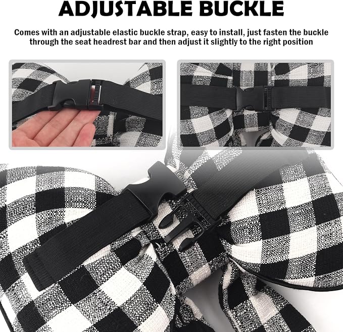 2026 New Bow Car Neck Pillow,Stylish Car Headrest Pillow with Black & White Check for Cars Decorations,Breathable Comfortable Neck Pillows for Cars as Halloween