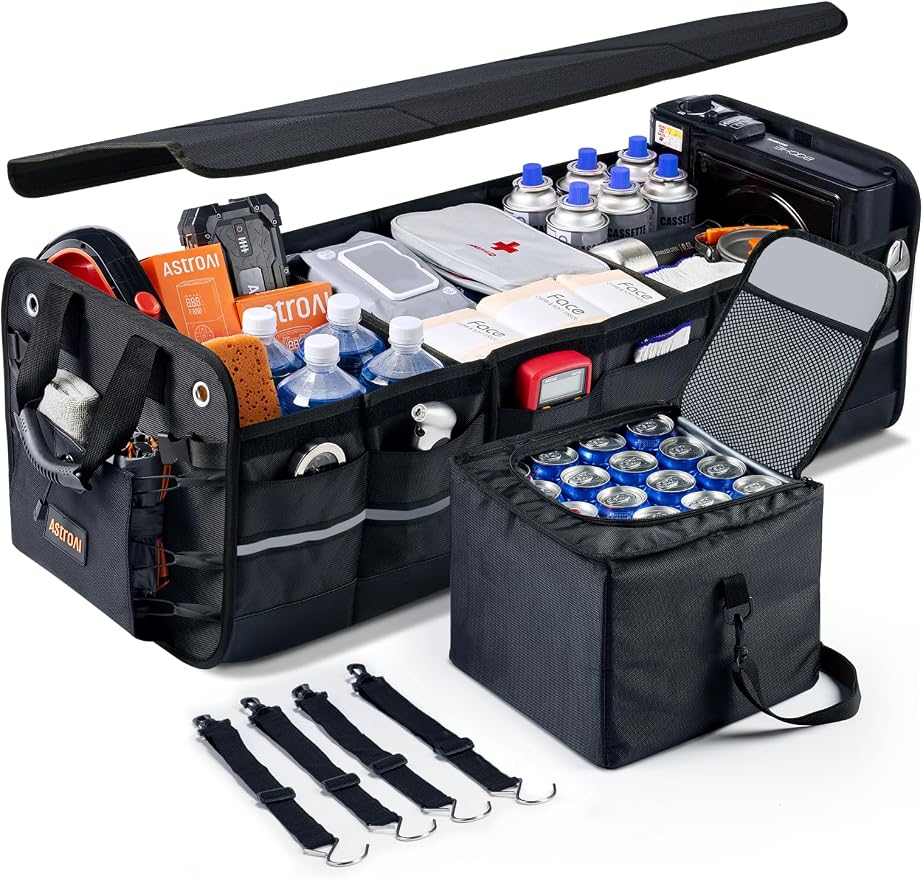 Car Trunk Organizer Storage Large for SUV, Truck, Pickup, Collapsible Trunk Organizer Portable Storage Box with Cooler Bag, Foldable Cover, Nylon Handles, PU Bottom and PE Plate