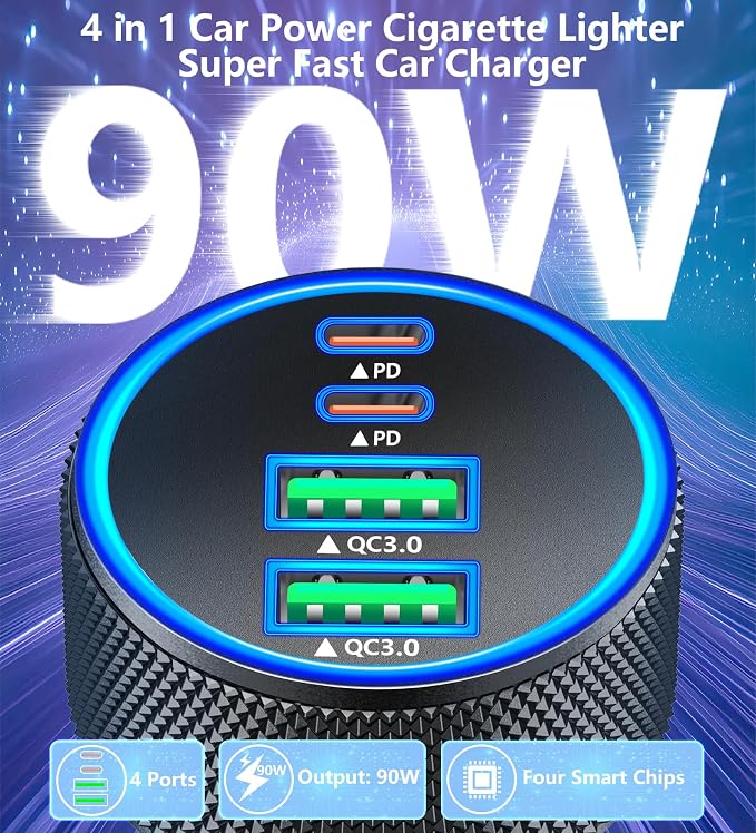 USB C Car Charger, 4-Port 90W USB-C&USB-A Car Power Adapter Dual 45W PD/QC Multiport Type C Fast Charger Car Phone Charger for iPhone 17 17 Pro Max 16 15 14 13 12 11/Galaxy S26 S25/Pixel/iPad