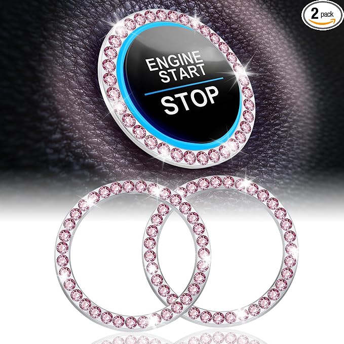 2 PCS Crystal Rhinestone Car Engine Start Stop Decoration, Ring Bling Car Interior Accessories for Women, Push to Start Button Cover Sticker, Automotive Decals, Pink