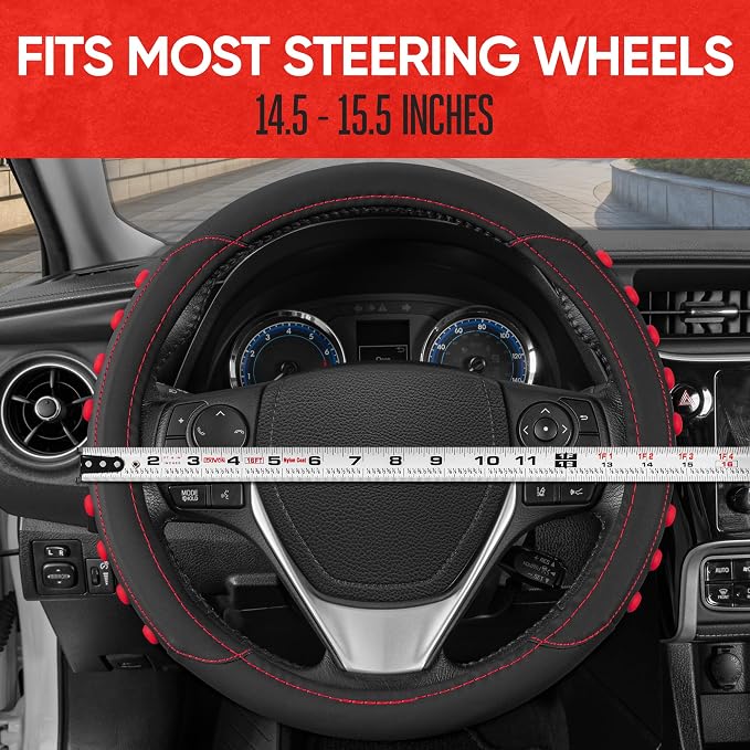FlexGrip Red Steering Wheel Cover for Cars – Standard 15 inch Car Steering Wheel Cover, Red and Black Steering Wheel Protector for Auto Truck Van SUV