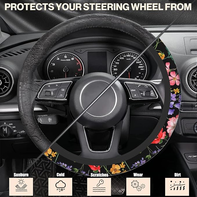 Colorful Floral Flowers Steering Wheel Cover, Elastic Non-Slip Steering Wheel Protector,Auto Interior Decor for Women Girls,Universal 15" Fit for Sedans,Trucks