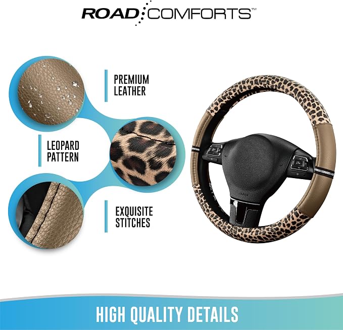 Leopard Steering Wheel Cover for Women, Cute Anti-Slip Microfiber Leather, Universal Fit 14.5-15 Inch Round Steering Wheel - Beige