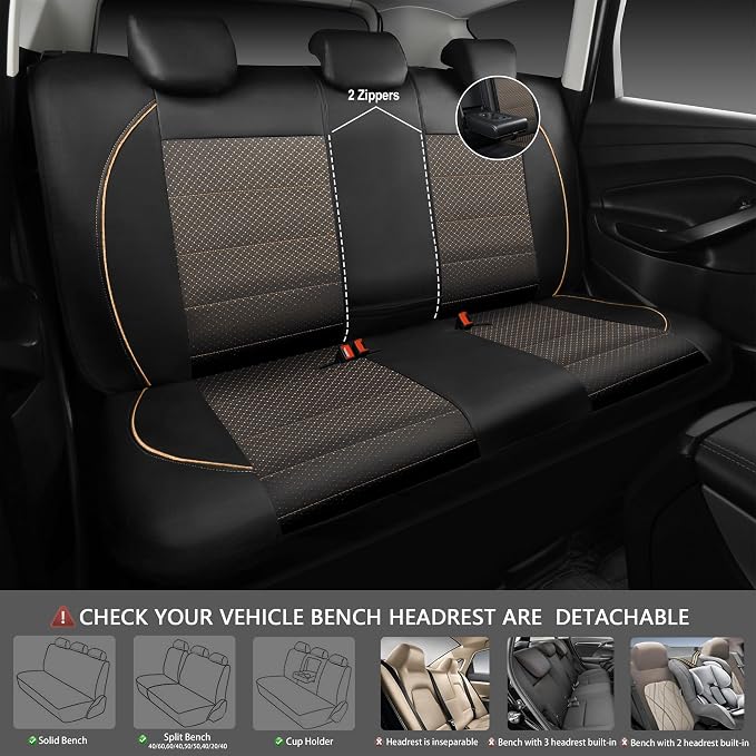 Piping PU Leather Car Seat Cover Full Set,Inside Zipper Design and Reserved Opening Holes,Airbag Compatible,Universal FIT for Car, SUVs,Van,Small Trucks（Full Set, Black & Gold）