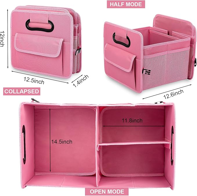 Car Trunk Organizer, Car Organizers and Storage Collapsible Multi Compartment Container Box, Adjustable Car Accessories for SUV Sedan Truck, Large Size, Pink