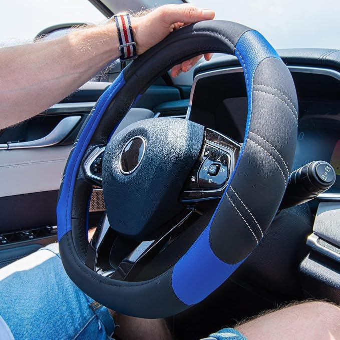 Line Rider Microfiber Leather Sporty Steering Wheel Cover Universal Fits for 95% Truck,SUV,Cars,14.5-15inch Anti-Slip Safety Comfortable Desgin (Black-Blue)