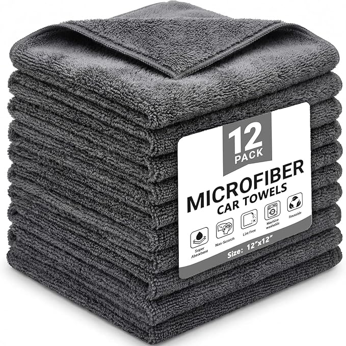 12 Pack Microfiber Cleaning Cloth for Cars, 12" X 12" Car Microfiber Towels, Soft, Absorbent and Lint Free Cleaning Cloth, Premium Wash Cloth for Car,Window and Household, Dark Grey