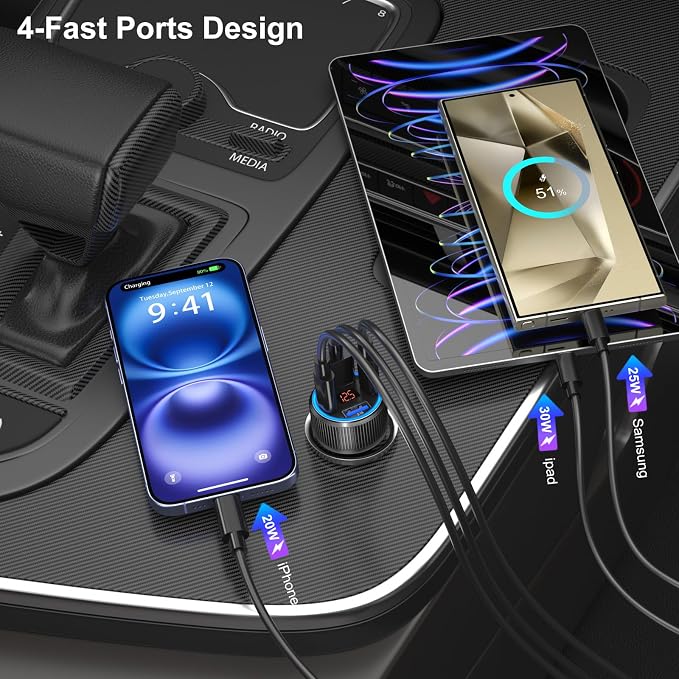 USB C Car Charger, 65W Dual USB-C & USB-A Multi Port Cigarette Lighter Adapter with Voltmeter QC/PD 3.0 Fast Charging 12V Car Phone Charger for iPhone 17 16 15 14 13 12 Pro Max Samsung(Black)