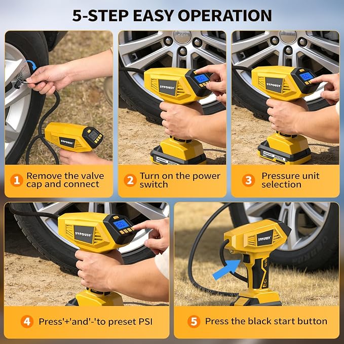 Upgraded Cordless Tire Inflator Portable Air Compressor - Adapter Compatible with DeWalt 20V Battery, With Rechargeable Battery, 160 PSI 4X Fast Air Pump, Dual Power Modes for Car, Motorcycle, E-Bike